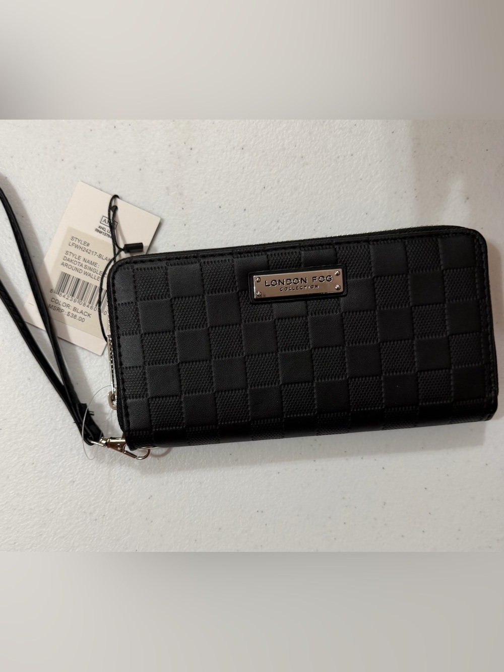 London Fog Black Checkered Double Zip-Around Wristlet Wallet